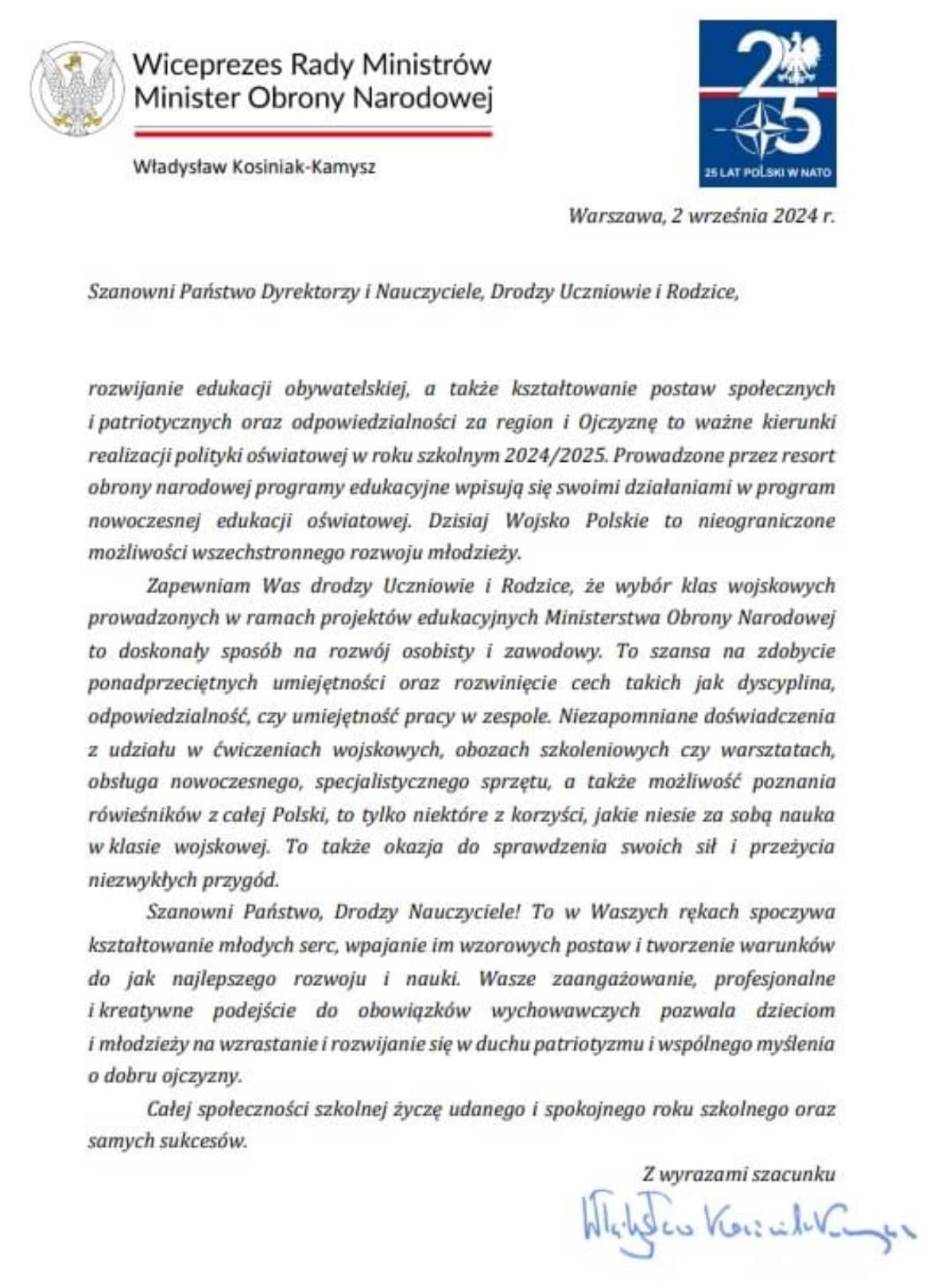 List Ministra Obrony Narodowej